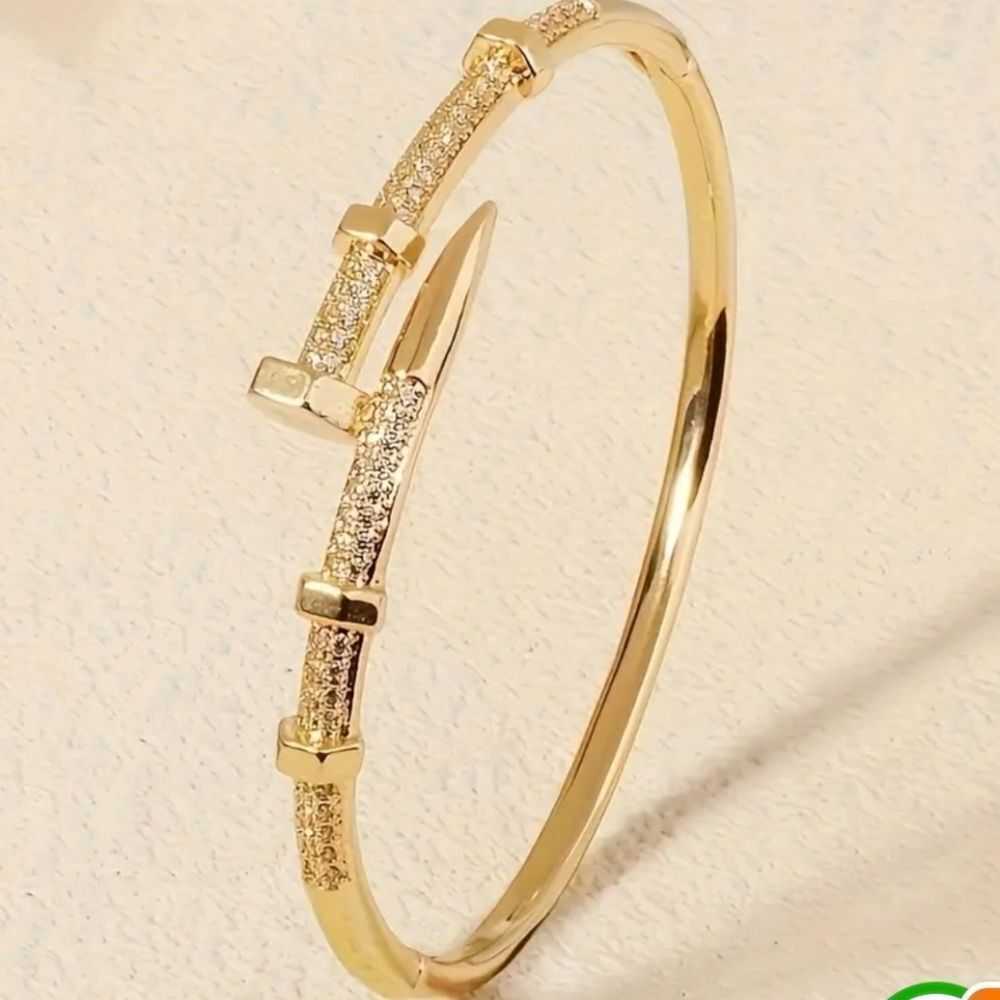 18k Gold Plated Nail Bolt Screw Bracelet Bangle Diamond Inlay Designer Inspired